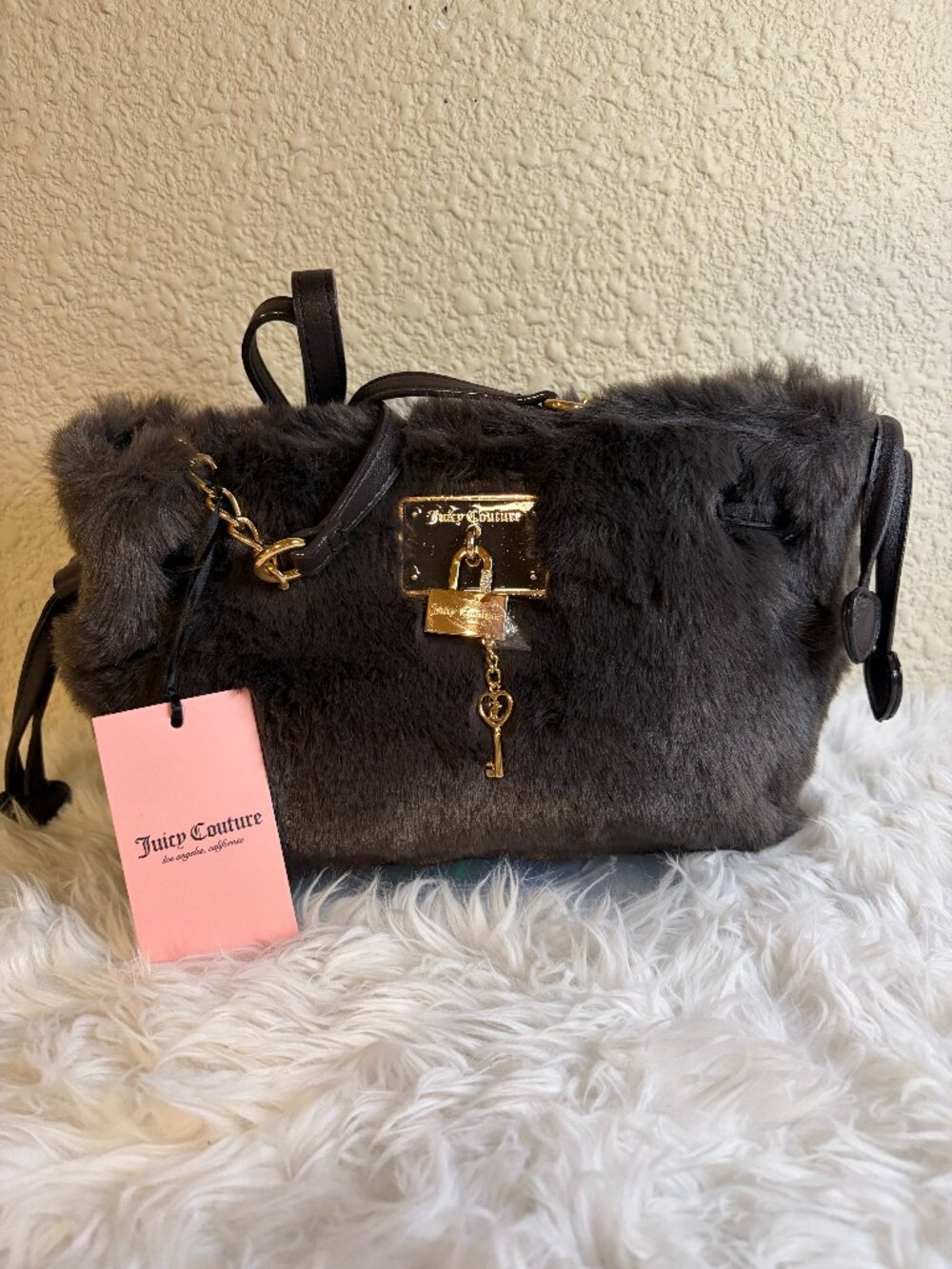 Juicy Couture Furry Fun Crossbody Bag Chocolate Faux Fur Lock Key NWT